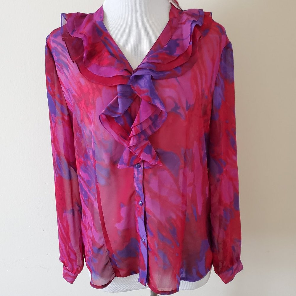 NWT Investments Purple & Red Floral Ruffle Blouse Top Shirt
